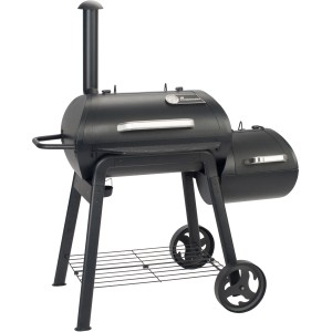 Landmann Smoker Vinson 300, Holzkohlegrill in Schwarz mit Räucherturm und Ablage.