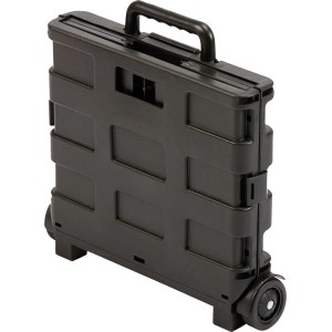 Zusammengeklappter, schwarzer Westside Transportwagen mit Griff und Rädern.