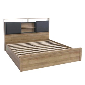 King Size Bett mit Lattenrost, Kopfteil mit Staufächern, Rivera-Eiche-Optik und Dunkelgrau, 180x200 cm
