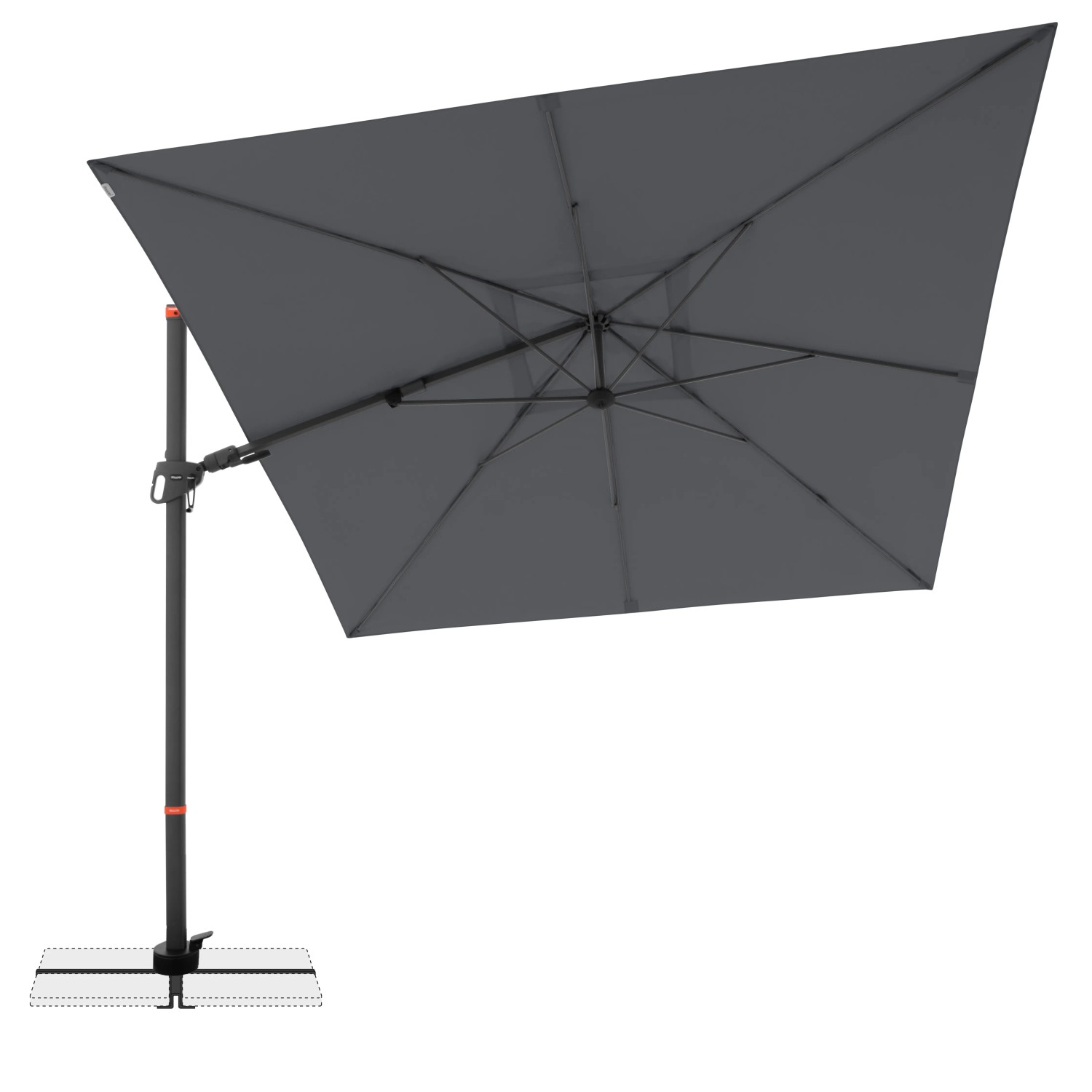 Quadratischer, anthrazitfarbener Doppler Ampelschirm 280x280 cm mit Kurbelmechanik.