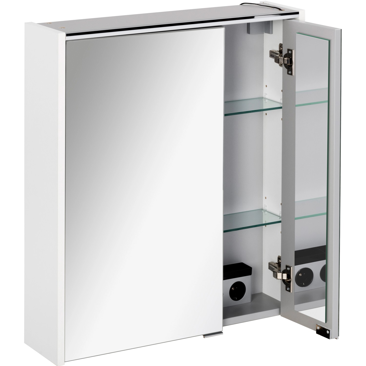 Fackelmann Spiegelschrank Denver, 60 cm, weiß, mit geöffneter Tür und Glasböden.