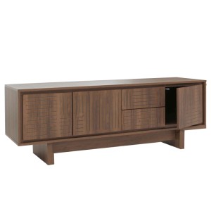 Braunes MCW TV-Rack O34 mit strukturierten Melamin-Fronten, 2 Schubladen und offener Schranktür. Moderner TV-Schrank.