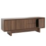 Braunes MCW TV-Rack O34 mit strukturierten Melamin-Fronten, 2 Schubladen und offener Schranktür. Moderner TV-Schrank.