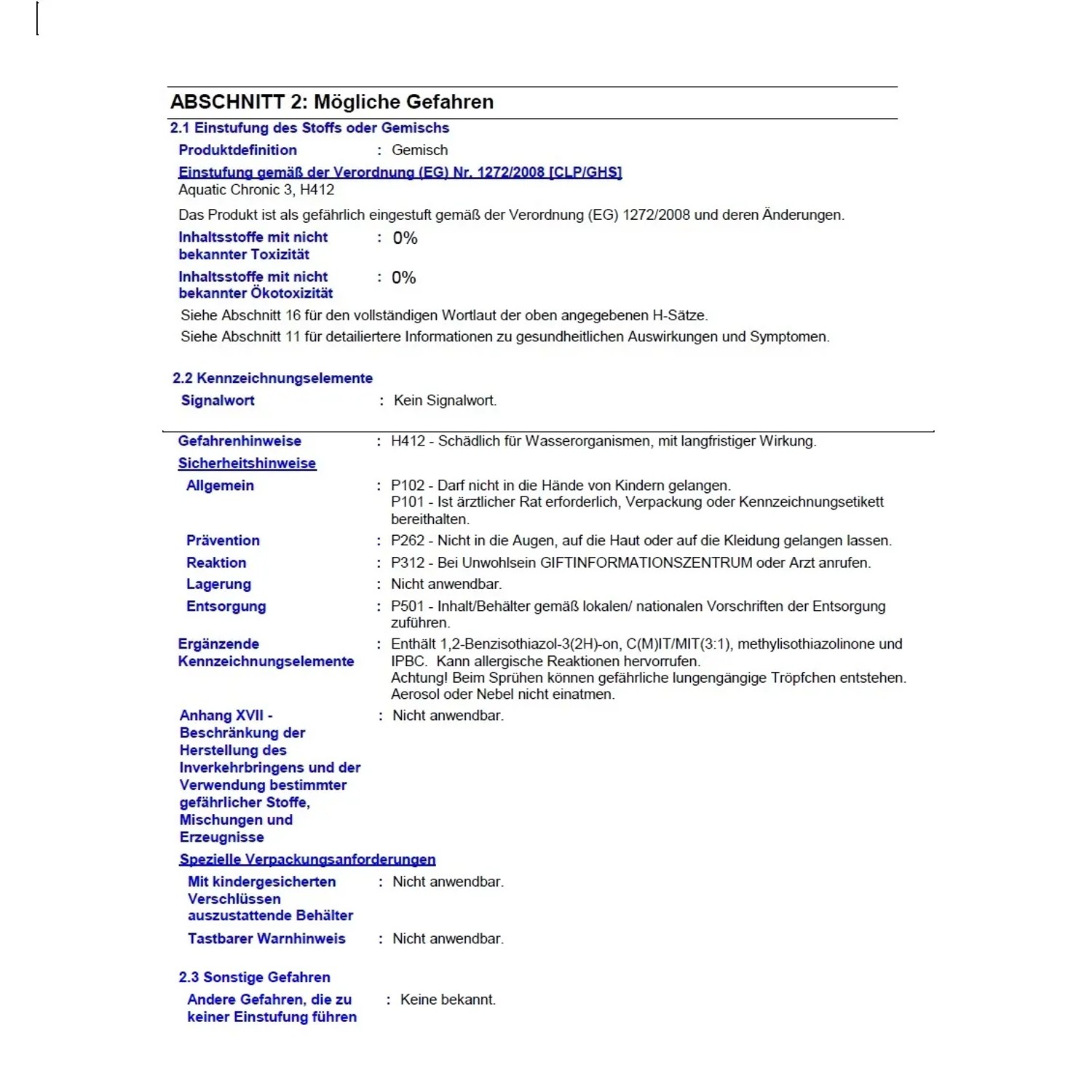 Sicherheitsdatenblatt Abschnitt 2: Mögliche Gefahren und Sicherheitsmaßnahmen.