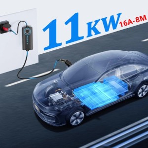 Junsun 11kW Typ 2 EV-Ladegerät mit 8m Kabel lädt ein Elektroauto. Schwarz, 3-phasig, 16A Stromanpassung.