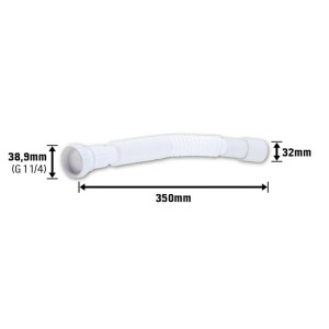 Flexibler, weißer Flex-Siphon, 35 cm lang, mit den Durchmessern 38,9 mm und 32 mm.