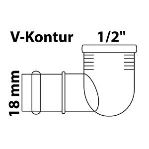 Abbildung eines Kirchhoff RG-Winkel 90° Pressfitting, 18 mm x 18,7 mm (1/2 IG) mit Muffe, schematische Darstellung.