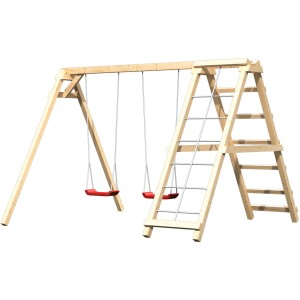 Karibu Doppelschaukel Felix mit Klettergerüst und rotem Schaukelsitz aus Holz.