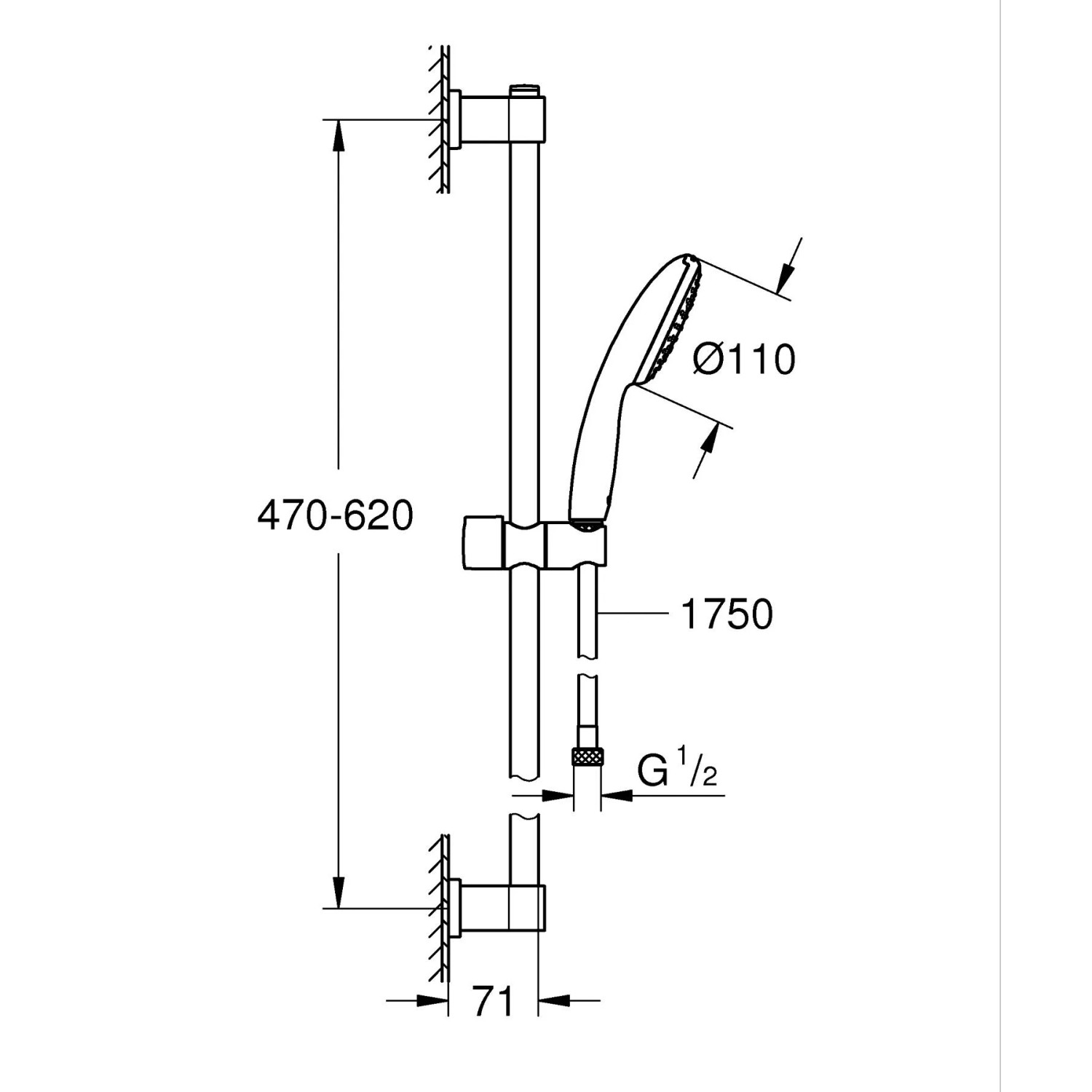 Technische Zeichnung: Grohe Brausestangenset 60 cm mit Handbrause Vitalio Start 110, Chrom, Maße