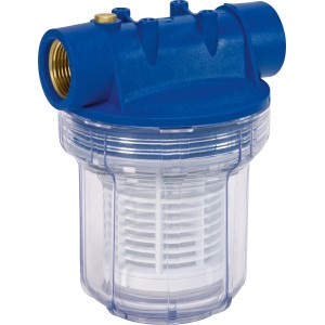 Blauer Vorfilter 1 l für Gartenpumpen und Hauswasserautomaten mit transparentem Gehäuse.