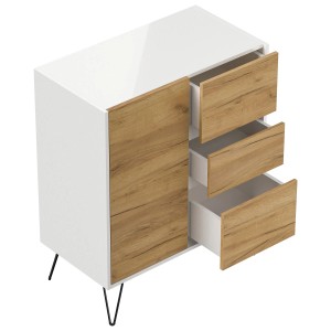 Posseik Sideboard Industrial K, weiß/Eiche, mit 3 Schubladen und 1 Tür, 80 cm breit.