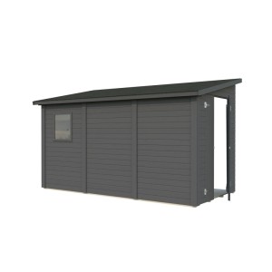 Palmako Gerätehaus Mia, 332x165 cm, dunkelgrau lackiert, mit Fenster und offener Tür.