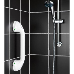 Wenko Wandgriff Secura, 42 cm, weiß, mit Ampelfunktion, an schwarzer Wand befestigt.