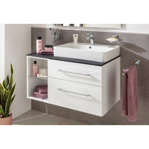 Weißes Fackelmann Regal Oxford 30 cm mit zwei Fächern und Glaseinlegeboden für Badutensilien.