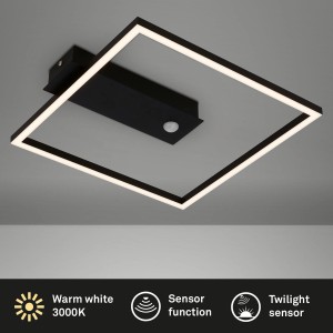 Moderne, schwarze LED-Deckenleuchte Nici mit Bewegungsmelder und Dämmerungssensor.