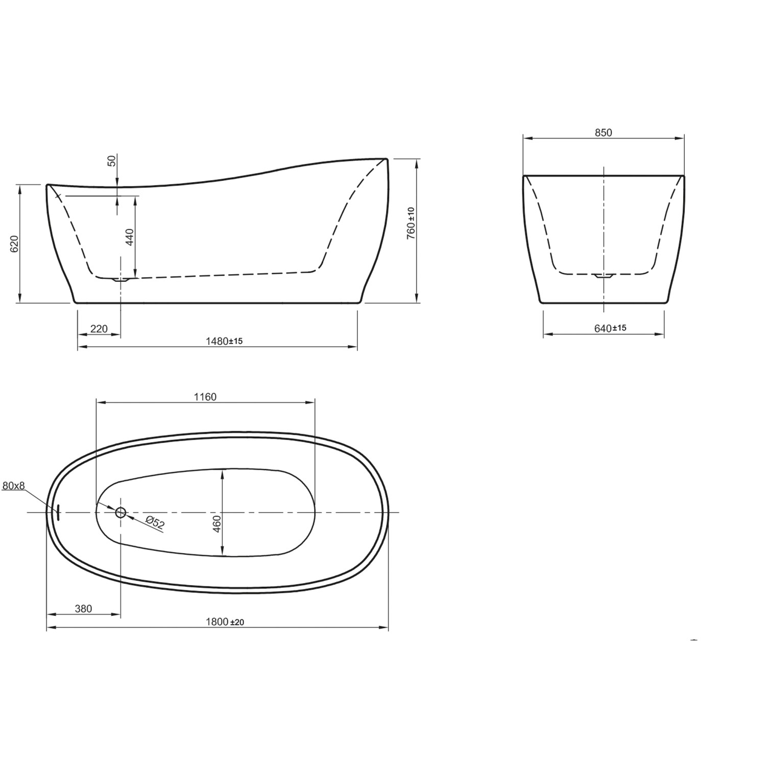 Technische Zeichnung: Ottofond Aviva Whirlpool, 180x85 cm, Maße und Ansichten.
