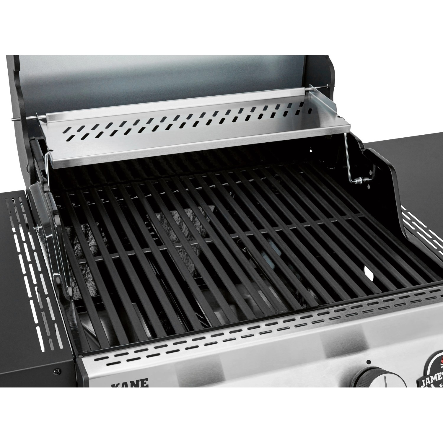 Jamestown Kane Gasgrill mit zwei Brennern, Grillrosten und Warmhalterost aus Edelstahl.