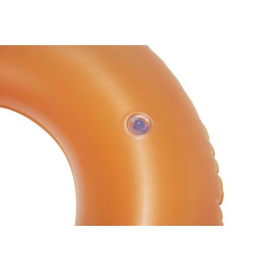 Detailaufnahme: Oranger Bestway Schwimmring mit Sicherheitsventil.