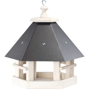 Graues Vogelhaus mit Metalldach aus Kiefernholz, geeignet für kleine bis mittelgroße Wildvögel.