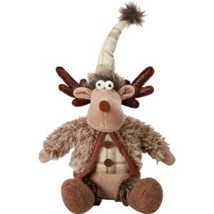 Sitzender Stoff-Rentier in Braun mit kariertem Hemd, Weihnachtsdekoration.