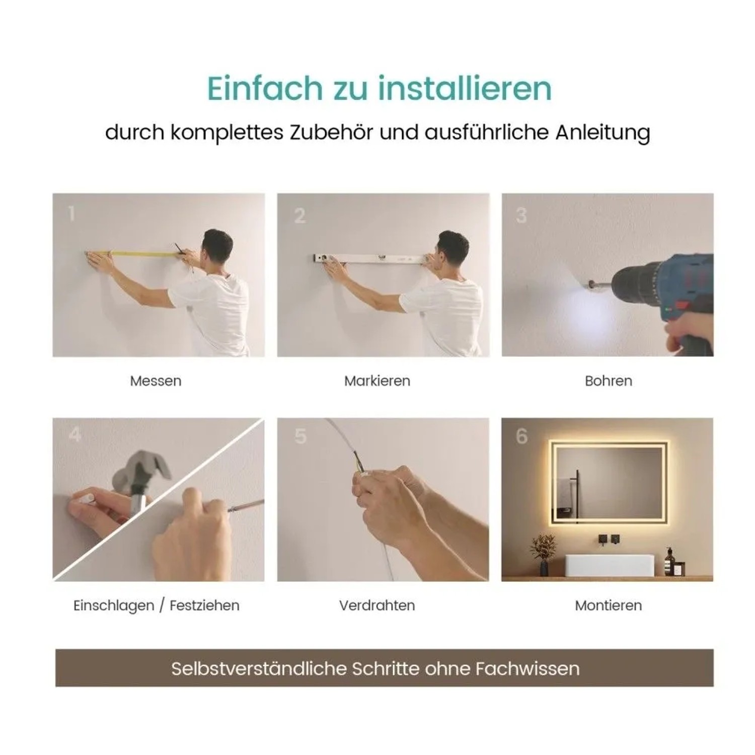 Montageanleitung für Emke LED-Badspiegel: Messen, Bohren, Verdrahten und Anbringen des Spiegels im Badezimmer.