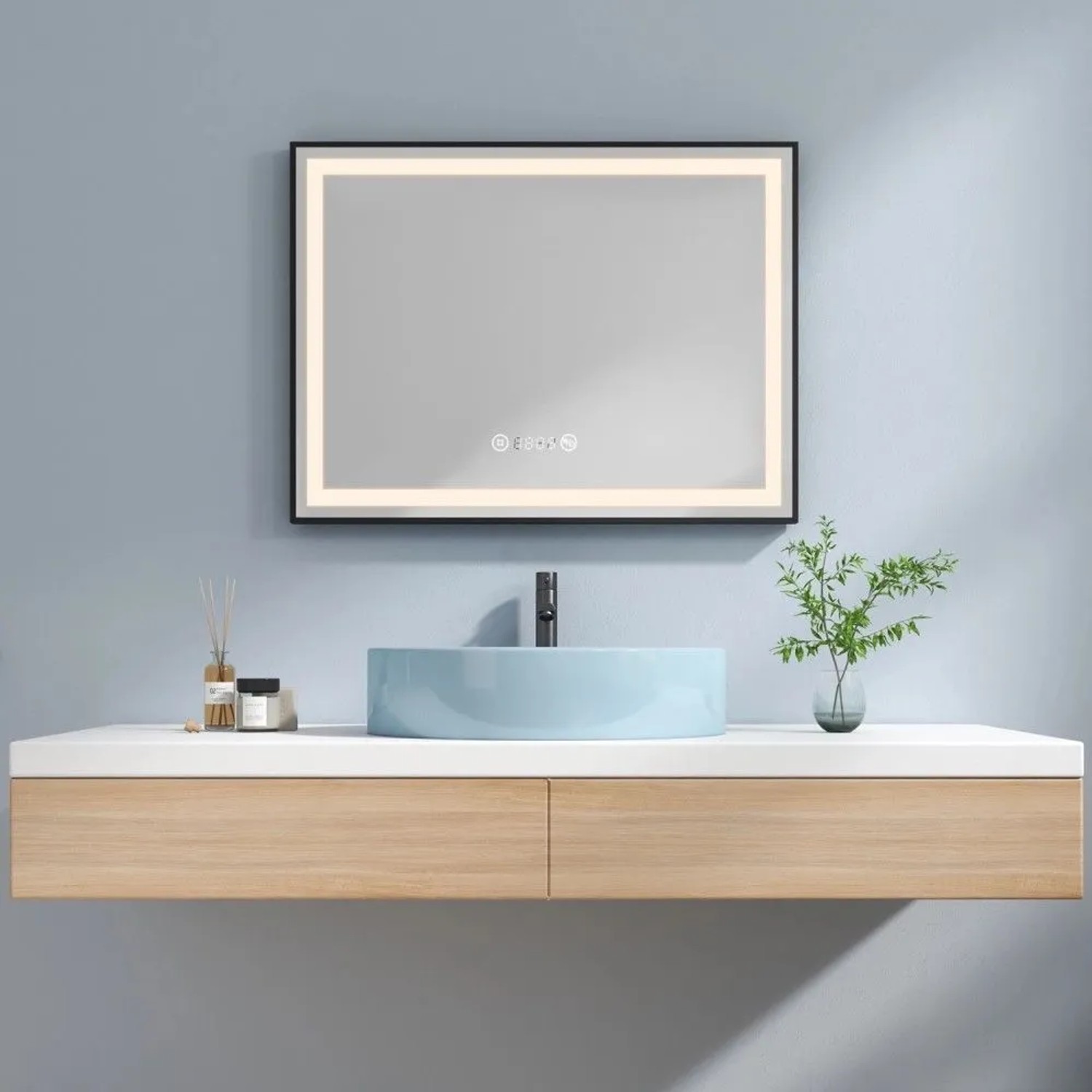 Emke Badspiegel 80x60cm mit schwarzem Rahmen, dimmbarer LED-Beleuchtung, Touch-Steuerung, Antibeschlag, Uhr & Temperatur.