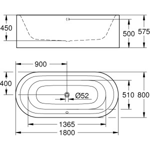 Technische Zeichnung der freistehenden Grohe Essence Badewanne, 180x80 cm, mit Maßangaben.