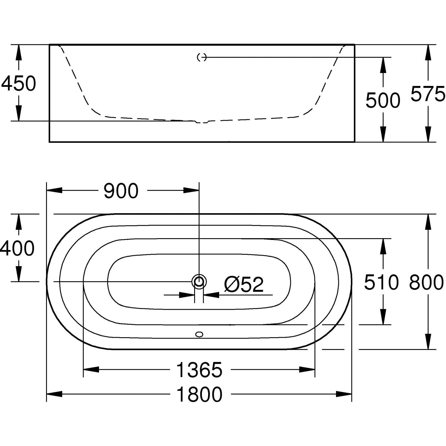 Technische Zeichnung der freistehenden Grohe Essence Badewanne, 180x80 cm, mit Maßangaben.