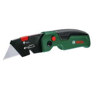 Bosch Klappmesser mit grüner Griffschale und ausfahrbarer Klinge.