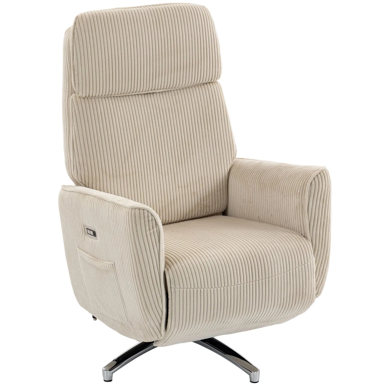 Cremeweißer HOMCOM Relaxsessel aus Cordstoff mit hoher Rückenlehne, integrierten Bedienelementen und drehbarer Basis.