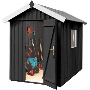 Lasiertes Weka Holz-Gartenhaus mit Satteldach, 200x208 cm, mit geöffneter Tür und Gartengeräten.