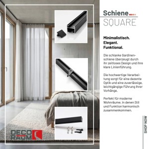 Schwarze 1-Lauf Gardinenschiene Square mit Befestigungsmaterial, an Decke montiert. Für Gardinen & Dekoartikel.