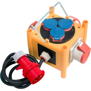Kompakter, gelber Stromverteiler BSV3-LS E/16 für den Außenbereich mit Kabel und Stecker.