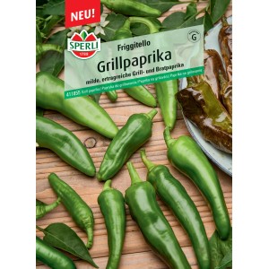 Sperli Saatgut Grillpaprika Friggitello, grüne Paprika auf Holzgrund.