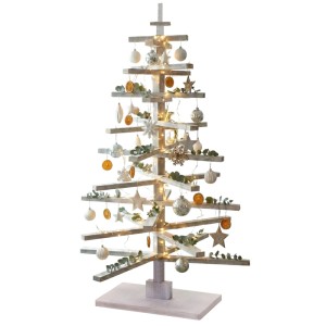 Weihnachtsbaum aus Tannenholz im Shabby-Look, mit Kugeln und Lichtern, 130x82x82cm.