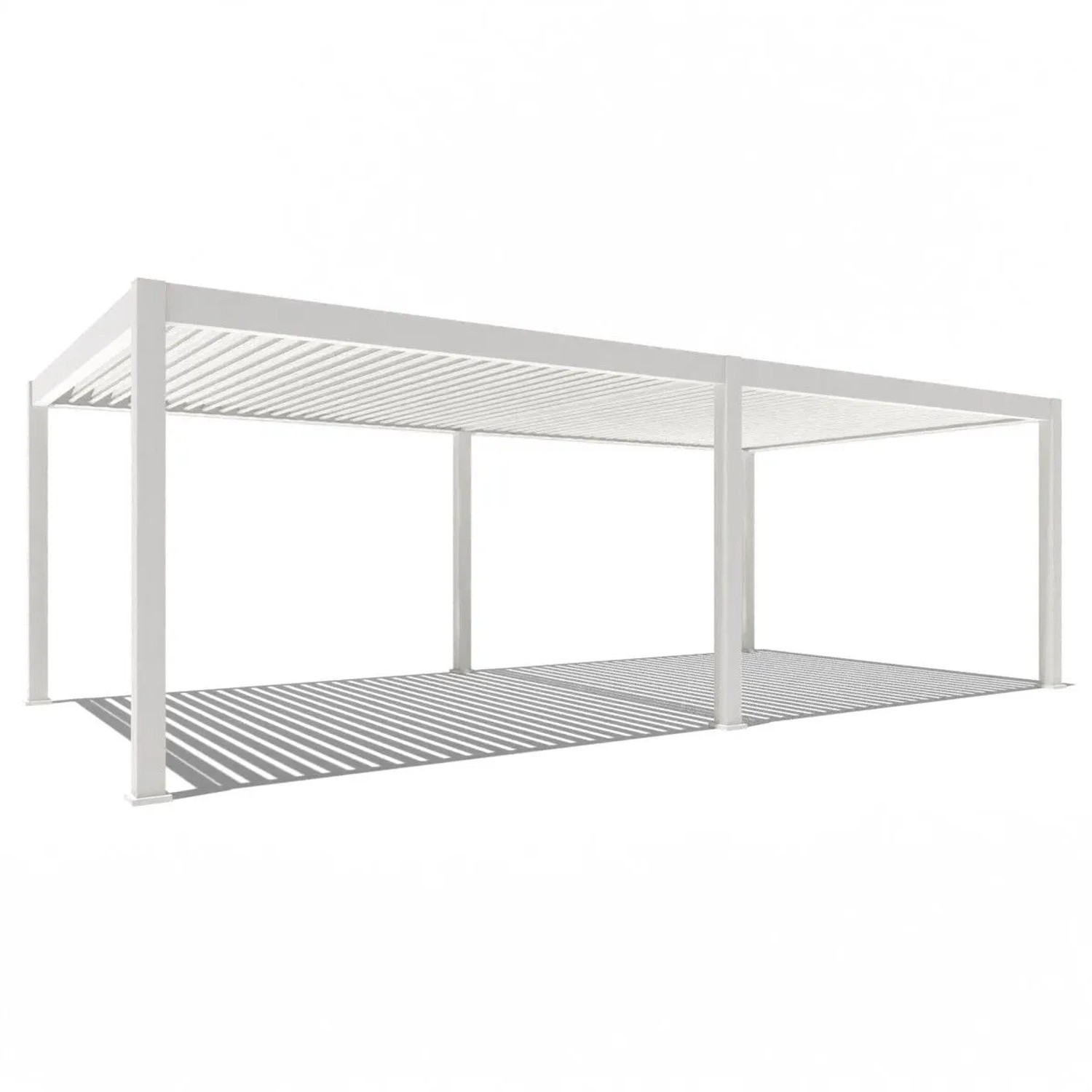 Weiße Aluminium-Pergola mit elektrischem Lamellendach und LED, 4x8m. Robuste Terrassenüberdachung.