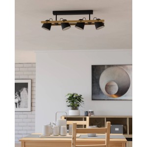 Moderne Eglo LED Deckenleuchte Hornwood-Z, schwarz-weiß, mit vier Strahlern und Holzdetails.