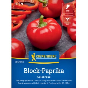 Kiepenkerl Blockpaprika Calabrese F1: Saatgut-Packung mit roten, runden Paprika auf dunklem Grund.