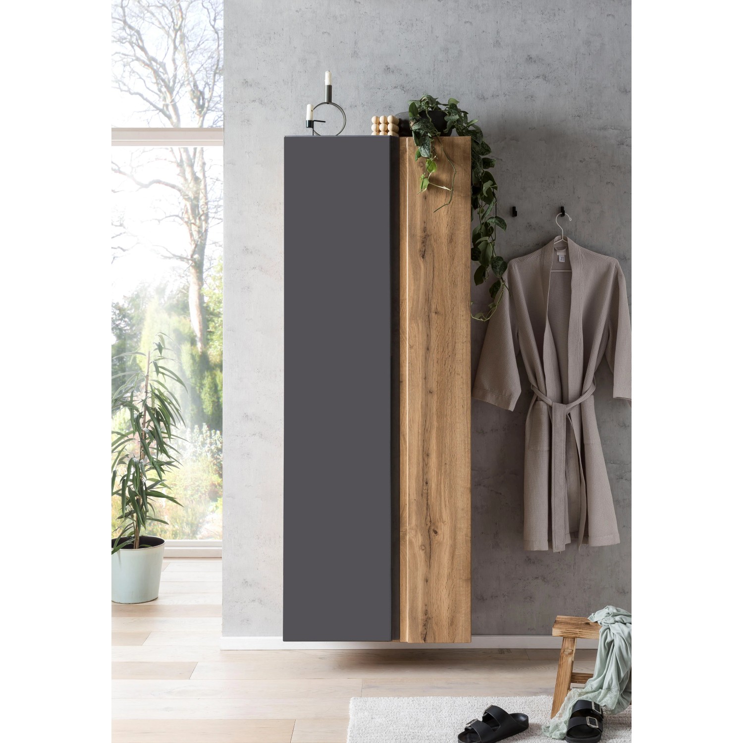 Held Möbel Seitenschrank Ancona, 65 cm, matt Grau-Wotaneiche, für Badmöbel-Sets.