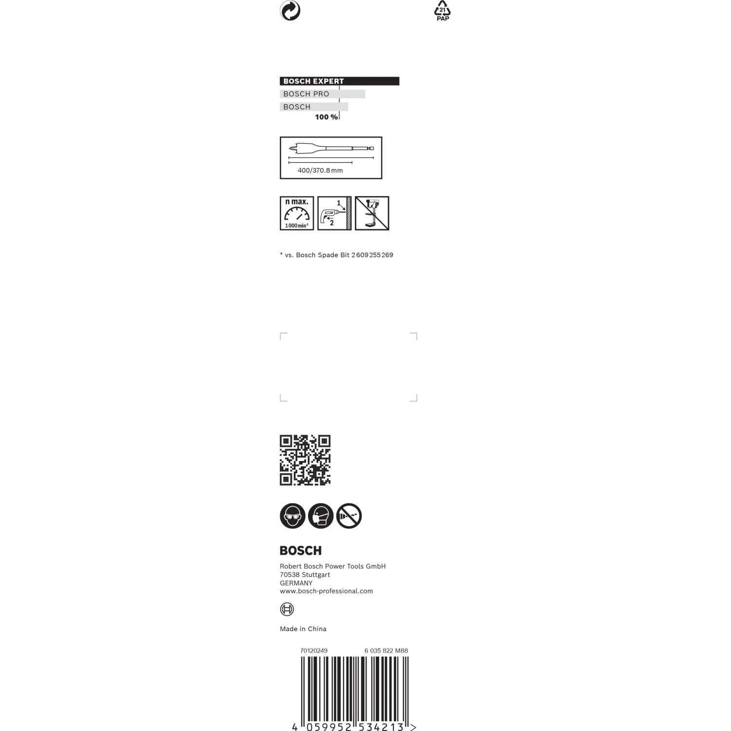 Verpackung Bosch Expert Selfcut Flachfräsbohrer Holz Ø 20x400mm. Fräsbohrer mit Sechskantschaft.