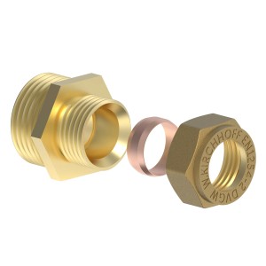 Kirchhoff Übergangsstück 15 mm x 26,4 mm für CU-Rohr, blankes Messing, Klemmfitting.