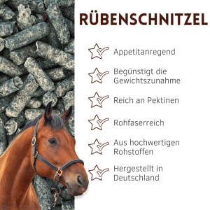 Braunes Pferd mit Halfter, daneben Supravit Rübenschnitzel Pellets. Schmackhaftes Pferdefutter.