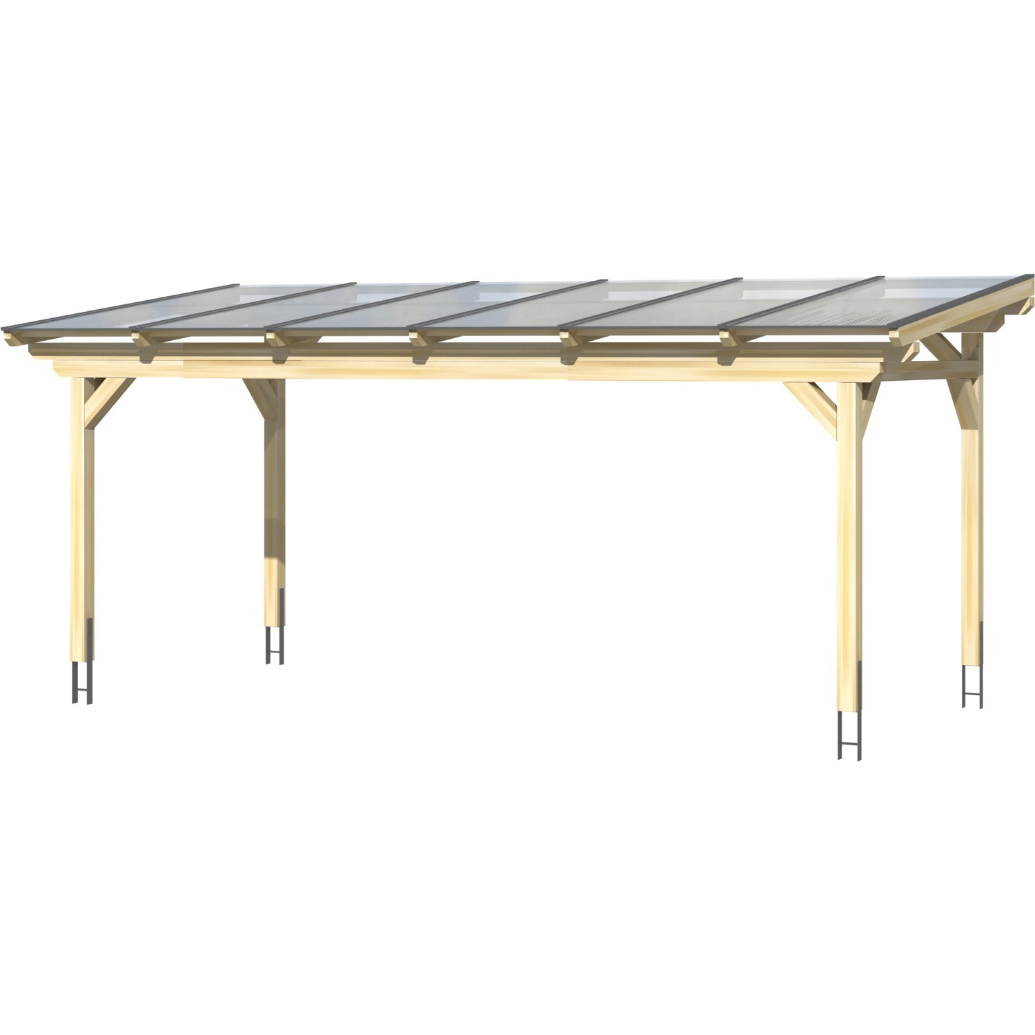 Freistehende Skan Holz Terrassenüberdachung Sanremo, 648x250 cm, Leimholz Nussbaum, mit klarer Dacheindeckung.