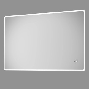 Rechteckiger DSK Design LED-Lichtspiegel Silver Porto, 120x70 cm, mit Digitaluhr und umlaufender LED-Beleuchtung.
