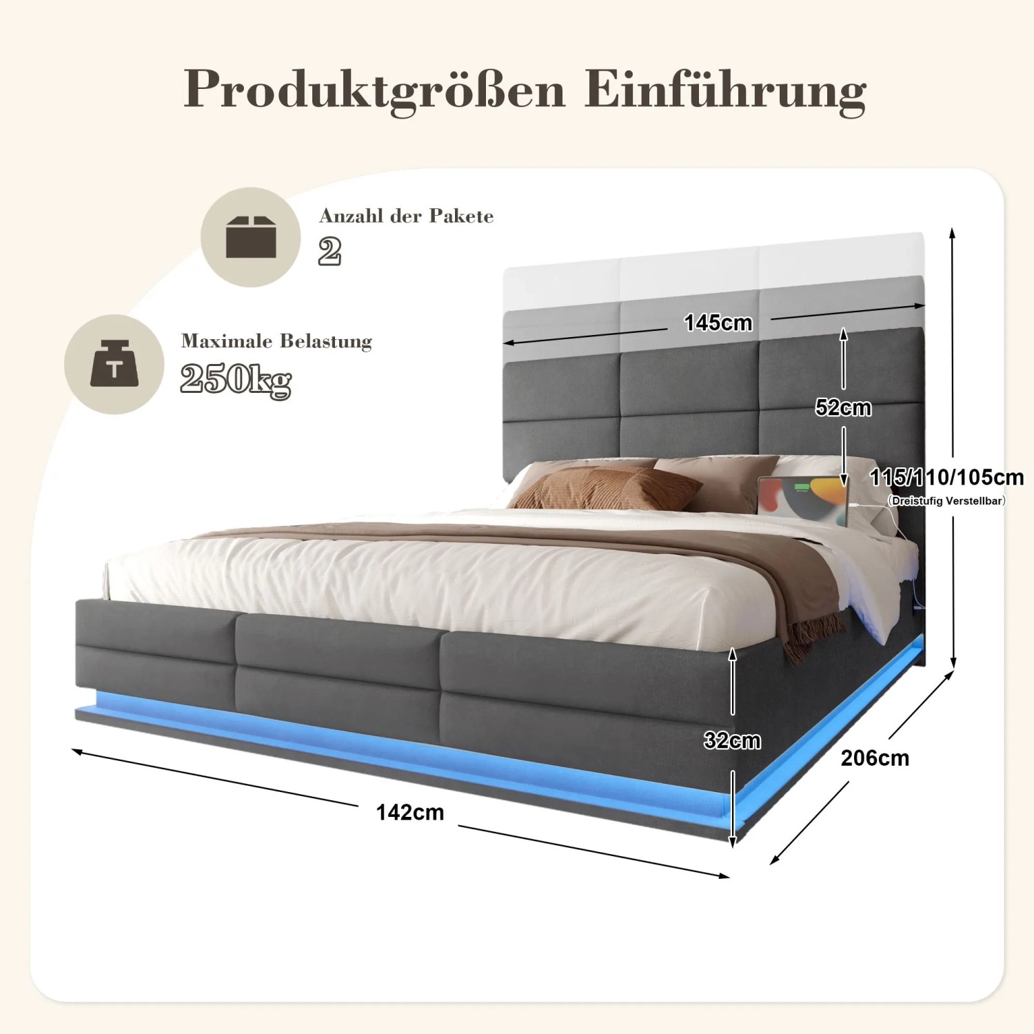 okwish Polsterbett 140x200cm mit LED USB C Hydraulik Stauraum Schlafzimmer Grau ohne Matratze_5