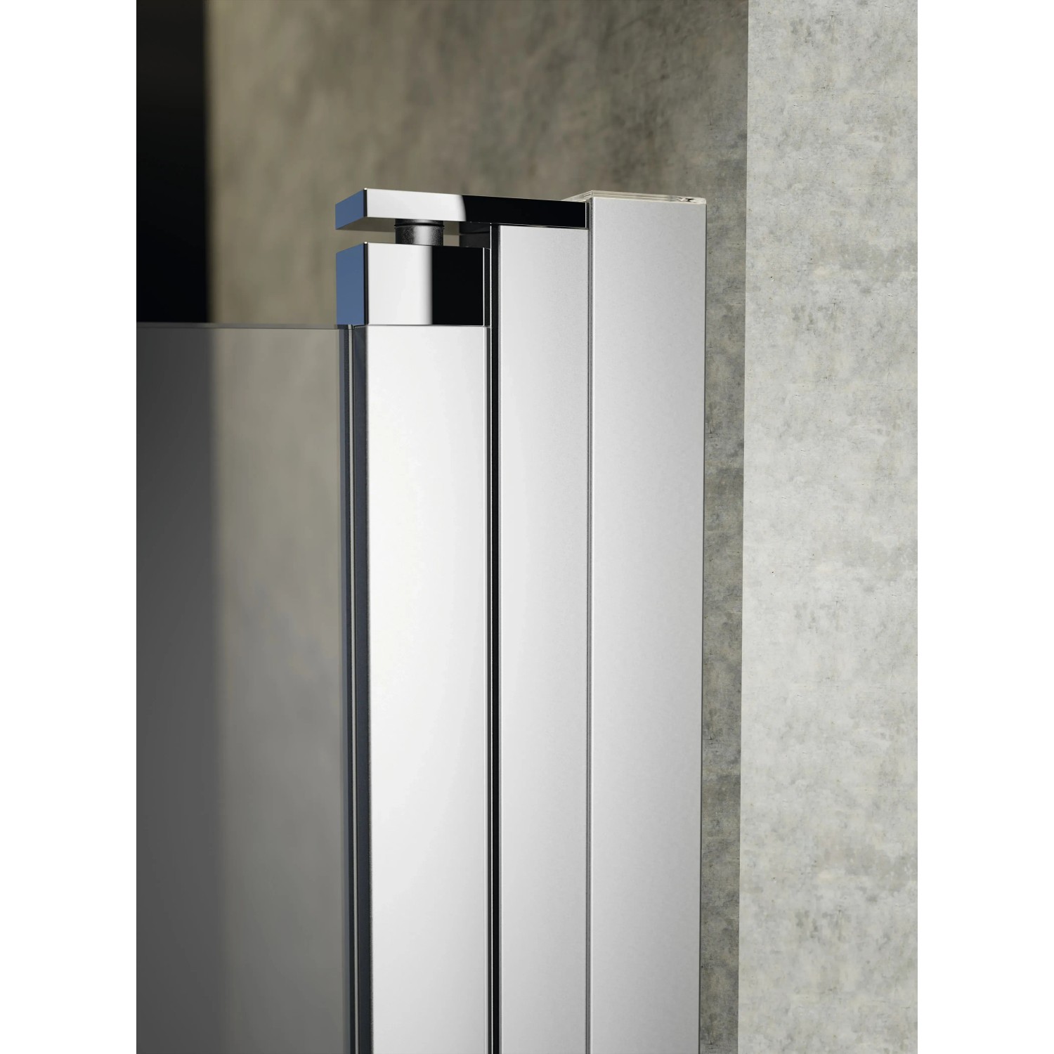 Detailaufnahme: Hüppe Badewannenabtrennung Design Pure, silber matt, mit Glasflügel und Röhrenscharnier.