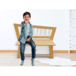 Axi Aufbewahrungsbank Corky in Braun/Weiß mit Kind. Gartenbank aus Holz mit Stauraum für Kinder.