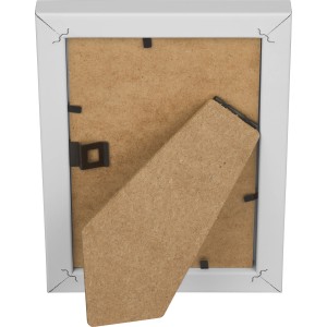 Rückseite des weißen MDF-Bilderrahmens (10x15 cm) mit Aufsteller.