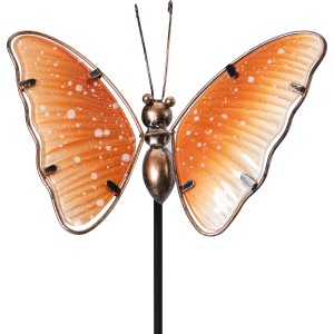 Gartenstecker Schmetterling, orange, 95 cm, aus Metall und Glas für Gartendekoration.