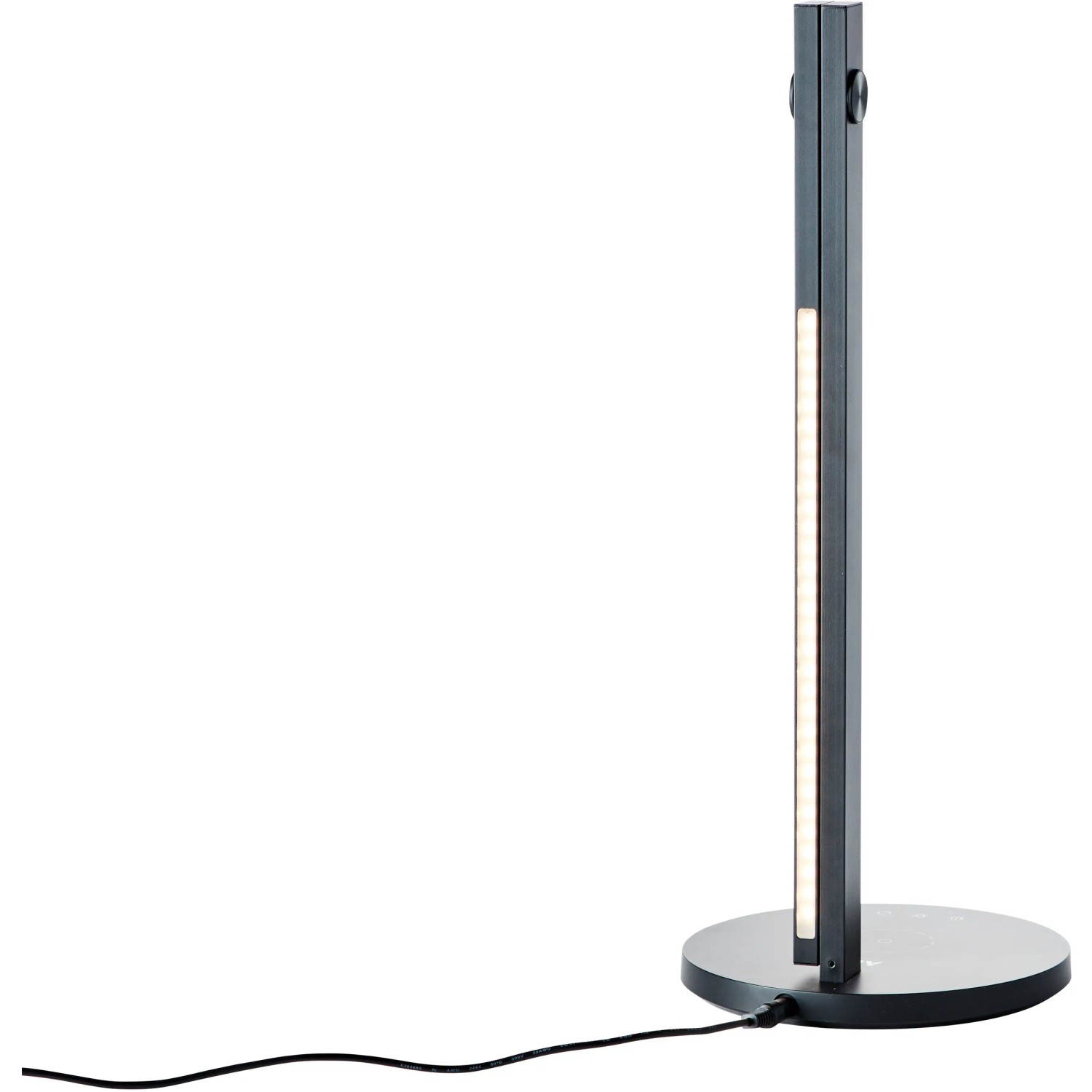 Schwarze LED-Schreibtischleuchte Devy mit Induktionsladefläche und Touchdimmer.